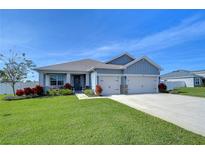 One-story home with gray siding, two-car garage, and landscaped lawn at 4439 Devinshire Fields Loop, Plant City, FL 33567