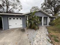 Gray house with white garage door, stone walkway, and landscaping at 8307 Boxwood Dr, Tampa, FL 33615