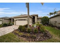Tan one-story house with a two-car garage and landscaped front yard at 1531 Riverdale Dr, Oldsmar, FL 34677