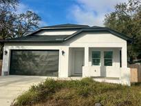 White modern house with black garage door and landscaping at 8206 N Marks St, Tampa, FL 33604