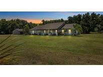 Single-story home with large yard at dusk at 11307 Wagon Trail Run, Lithia, FL 33547