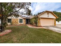 Landscaped front yard with a two-car garage and stone facade at 4228 Spring Way Cir, Valrico, FL 33596