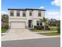 Two-story house with a white exterior, two-car garage, and landscaping at 14786 Horse Trot Rd, Lithia, FL 33547