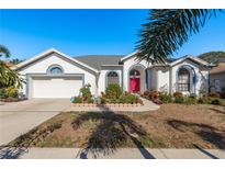 One-story home with a two-car garage and landscaped yard at 3457 Foxhall Dr, Holiday, FL 34691