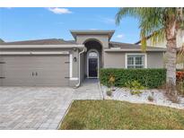 Curb appeal abounds with this charming home featuring a well-manicured lawn and paver driveway at 10405 White Peacock Pl, Riverview, FL 33578