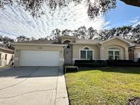 Tan one-story house with a two-car garage and manicured lawn at 1161 Dixon Ct, Dunedin, FL 34698