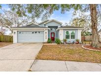 One-story house with gray siding, white trim, and a red door at 1610 Allenton Ave, Brandon, FL 33511