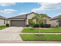 Tan house with gray garage door and landscaping; nice curb appeal at 13230 Wildflower Meadow Dr, Riverview, FL 33579