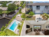 A collage showing the property's exterior, pool, and a stylishly furnished living room at 6210 92Nd N Pl # 3405, Pinellas Park, FL 33782