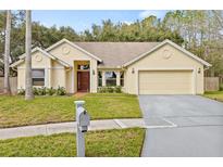 Updated single-story home with a two-car garage and landscaped lawn at 16104 Stowe Ct, Tampa, FL 33647