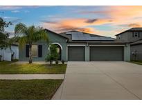 Two-story house with solar panels and a three-car garage at 13580 Willow Bluestar Loop, Riverview, FL 33579