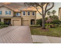 Tan two-story townhome with teal door, two-car garage, and paved driveway at 17533 Stinchar Dr, Land O Lakes, FL 34638