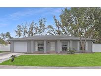 Gray house with white shutters, attached garage, and manicured lawn at 6543 Spanish Moss Cir, Tampa, FL 33625