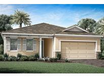 Single-story home with light beige exterior, a two-car garage, and landscaping at 11819 Starbright Path, Venice, FL 34293