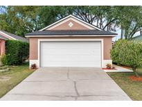 Exterior view of the home's front-facing two-car garage and driveway at 28643 Seashell Ct, Wesley Chapel, FL 33545