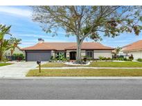 Single-story home with a tile roof, landscaping, and a large tree in the front yard at 5809 Cruiser Way, Tampa, FL 33615