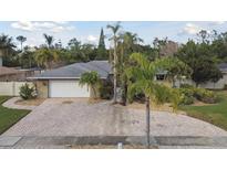 Single-story home with a large driveway and lush landscaping at 775 Rolling Hills Dr, Palm Harbor, FL 34683