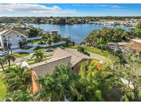 An aerial view shows a home with waterfront views and mature landscaping at 800 Missouri Ave, Palm Harbor, FL 34683