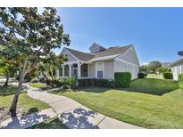 Beige house with landscaped lawn, walkway, and screened porch at 217 Oceania Ct, Apollo Beach, FL 33572