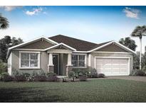 One-story home with gray siding, stone accents, and a two-car garage at 5028 124Th E Ave, Parrish, FL 34219