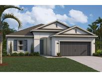 One-story home with dark gray garage door and landscaping at 6212 Broad Field Ave, Apollo Beach, FL 33572