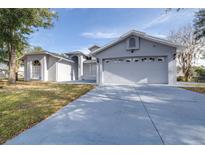 Gray house with a two-car garage and landscaped lawn at 5200 Lagos Ct, New Port Richey, FL 34655