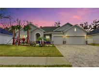 Attractive one-story home with gray siding, landscaping, and a paved driveway at 7532 Ashbrooke Pine Loop, Odessa, FL 33556