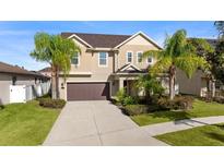 Two story house with tan exterior, brown garage door, and palm trees at 19231 Pepper Grass Dr, Tampa, FL 33647