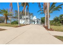 Two-story light blue house with a teal front door and palm trees at 2993 Shannon Cir, Palm Harbor, FL 34684