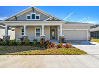 One-story home with gray siding, a covered porch, and a two-car garage at 5917 Hidden Branch Dr, Apollo Beach, FL 33572