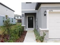 Gray exterior of home with black front door and walkway at 6090 Acara Ln, Land O Lakes, FL 34638