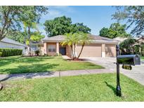 Tan house with a three-car garage and palm trees in the front yard at 2715 Durant Trails Blvd, Dover, FL 33527
