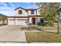 Two-story house with a two-car garage and manicured lawn at 7119 Peregrina Loop, Wesley Chapel, FL 33545