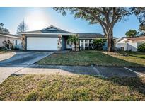 Charming single-Gathering home boasts stone accents, mature landscaping, and an attached two-car garage at 435 Laughing Gull Ln, Palm Harbor, FL 34683