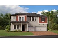 Two-story house with red and gray siding, two-car garage, and landscaped yard at 9728 Runaway Breeze Dr, Land O Lakes, FL 34637