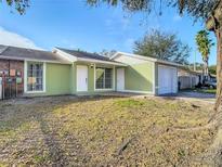 Newly painted light green house with a white garage door and well-maintained lawn at 10214 Turtle Hill Ct, Tampa, FL 33615