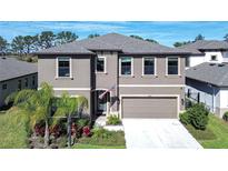 Two-story house with gray siding, a three-car garage, and palm trees at 14834 Paddock Pond Ave, Lithia, FL 33547