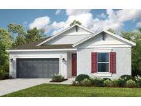 One-story home with gray siding, red shutters, and a two-car garage at 2001 Longliner Loop, Wesley Chapel, FL 33543