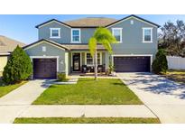Two-story house with a green exterior, two-car garage, and palm tree at 13458 Graham Yarden Dr, Riverview, FL 33579