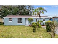 Newly renovated light blue house with a well-maintained lawn and landscaping at 6005 N 39Th St, Tampa, FL 33610