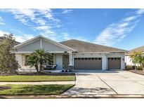 Two-story house with gray siding, three-car garage, and landscaped lawn at 7853 Roma Dune Dr, Wesley Chapel, FL 33545