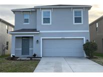 Two-story home featuring a front-entry two-car garage, neutral stucco, and manicured landscaping at 16949 Secret Meadow Dr, Odessa, FL 33556