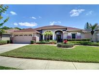 One-story house with a brick facade, two-car garage, and lush landscaping at 29120 Rivergate Run, Wesley Chapel, FL 33543