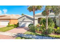 Single-story home with a two-car garage and landscaped front yard at 15724 Aurora Lake Cir, Wimauma, FL 33598