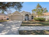Charming one-story home with neutral paint, manicured landscaping, and an attached two-car garage at 30052 Morningmist Dr, Wesley Chapel, FL 33543