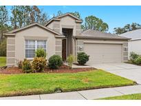 Beige house with two-car garage, landscaping, and a well-maintained lawn at 26801 Middleground Loop, Wesley Chapel, FL 33544