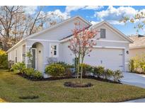 Gray one-story house with landscaped yard, two-car garage, and a manicured lawn at 32857 Brooks Hawk Ln, Wesley Chapel, FL 33543