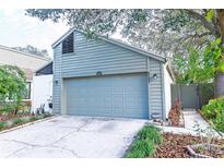Gray house exterior with a two-car garage and landscaped walkway at 13817 Lazy Oak Dr # 0, Tampa, FL 33613