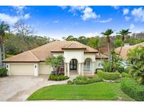 Beautiful home with tile roof, manicured lawn, and two-car garage at 2867 Grey Oaks Blvd, Tarpon Springs, FL 34688