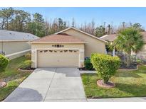 Tan one-story house with a red tile roof, two-car garage, and well-manicured lawn at 21042 Diamonte Dr, Land O Lakes, FL 34637